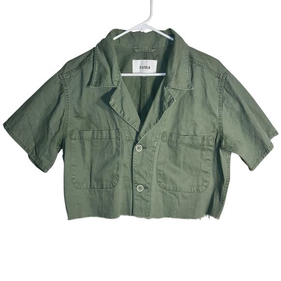 Pistola Army Green Cropped Button-Up Shirt with Raw Hem – Size M - Picture 1 of 5